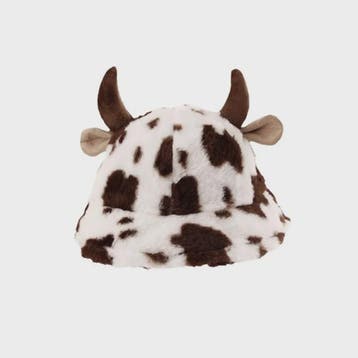 Warme Koeienprint Bucket Hat met Hoorns - Fleece Gevoerd & V