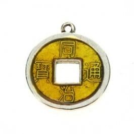 2 x Chinese geluksmunt emaille 20 x 23mm oogje: 1,5mm geel, Ophalen of Verzenden, Nieuw, Bedel
