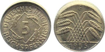Duitsland Fehlpraegung 5 Pfennig 1936 F J 316 dezentriert..., Verzenden