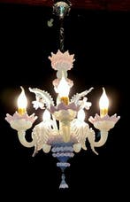 Kroonluchter - Murano-glas in zeldzaam opaalglas en roze, Antiek en Kunst