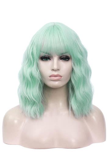 KIMU® Luxe Mint Groen Pruik Schouderlengte Rechte Pony Krull, Ophalen of Verzenden, Nieuw, Carnaval