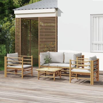 vidaXL 5-delige Loungeset met kussens bamboe lichtgrijs, Verzenden, Nieuw, Hout, Loungeset