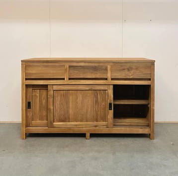 Strak modern dressoir met schuifdeuren -  250 cm, Huis en Inrichting, Ophalen of Verzenden, Nieuw, Teakhout