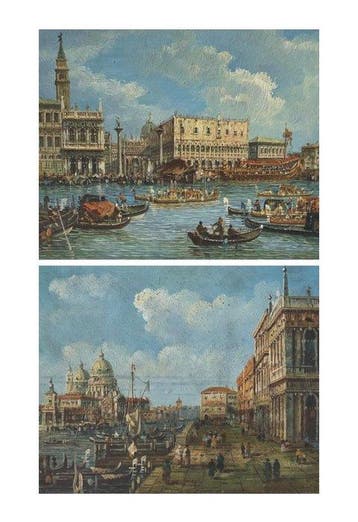 Italiaanse school (XIX) - Coppia di vedute veneziane