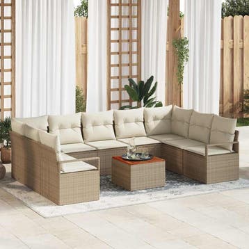 vidaXL Tuinbankenset 10 st Beige en Crème poly rattan, Verzenden, Nieuw, Meer dan 8 zitplaatsen