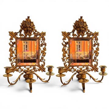 Kaars wandlamp - Spiegel van Drie Kandelaars - Brons -