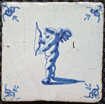 Tegel - Antieke Delftsblauwe tegel met cupido. - 1600-1650