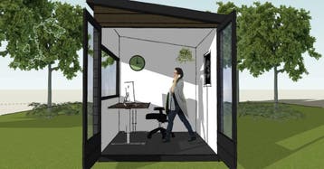 Tuinkantoor compleet ingericht 260x215 cm zit-sta bureau, Zit-sta bureau, Gebruikt, Verzenden, Overige merken