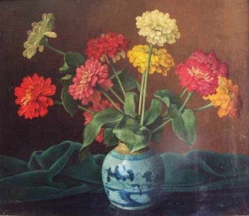 Joan van Gent (1891-1974) - Zinnias in een vaas.