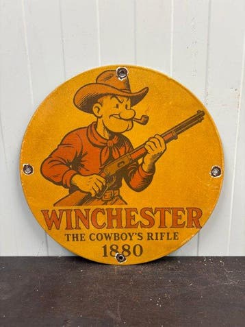 Winchester – The Cowboy’s Rifle – Rond Emaille Reclamebord -, Antiek en Kunst