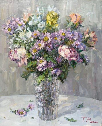 Tatiana Megal (1961) - Fleurs dans un Vase Transparent -