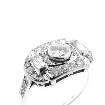 Witgouden Art-Deco ring met diamant ; 0,65 ct., Gebruikt, Ophalen of Verzenden, Kleiner dan 17, Met edelsteen