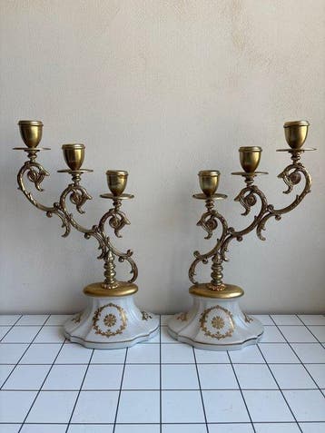 Sharon Fine Porcelaine - Kandelaber (2) - Verguld messing,