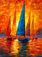 Yuni R. P - Veleros al Atardecer de Fuego, Antiek en Kunst, Kunst | Schilderijen | Klassiek
