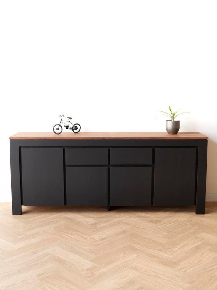 Zwart dressoir massief teakhout | Moderne kast | Vavivo, Huis en Inrichting, Kasten | Dressoirs, 200 cm of meer, 25 tot 50 cm