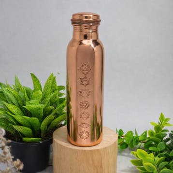 Puur koperen waterfles 7 chakra’s gepolijst ± 950 ml (zware, Ophalen of Verzenden, Nieuw