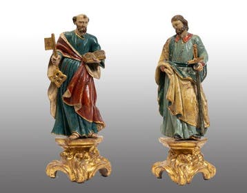 sculptuur, Coppia di sculture antiche in legno policromo
