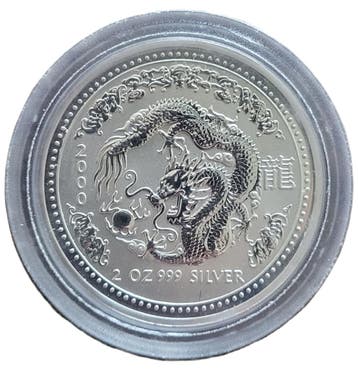 Lunar I - Year of the Dragon - 2 oz 2000 (29.110 oplage), Postzegels en Munten, Munten | Oceanië, Verzenden, Losse munt, Zilver