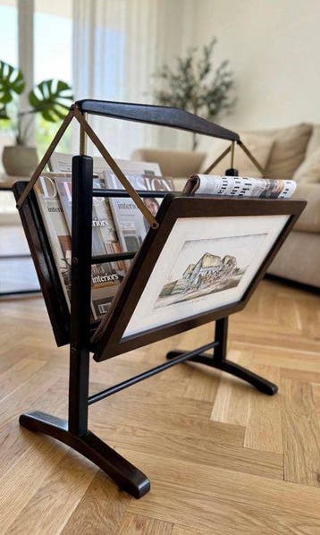 Tijdschriftenhouder - Hout, Messing, Glas - Vintage