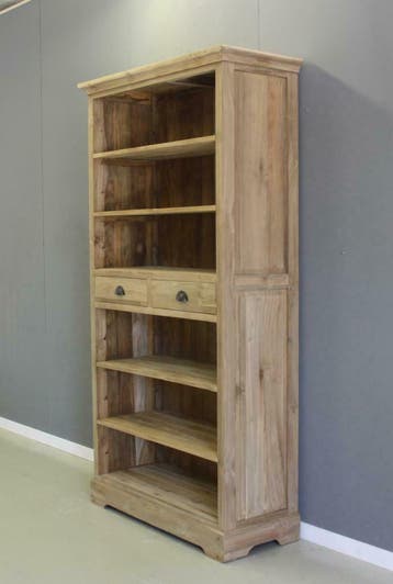 Boekenkast teakhout 100cm, twee laden; Indoteak, Huis en Inrichting, Kasten | Boekenkasten, 200 cm of meer, Teakhout, Nieuw, Met lade(s)