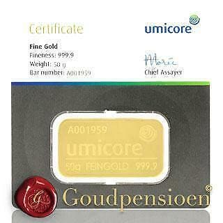 50 Gram Umicore Goudbaar met Certificaat 999,9 Puur Goud, Postzegels en Munten, Edelmetalen en Baren, Ophalen of Verzenden, Goud