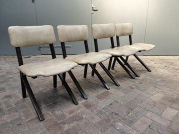 Stoel - Teakhout - Skai - Four Scissor chairs - Set