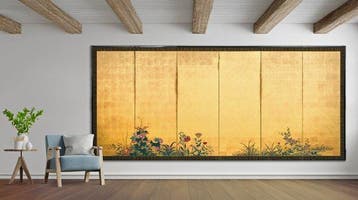 Vouwscherm met een bloemrijk plantenarrangement - Papier,