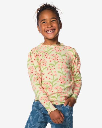 HEMA Kinder T-shirt rib bloemen lichtgeel, Verzenden, Nieuw