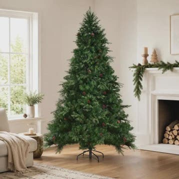 Kunstkerstboom met LED-verlichting en dennenappels - 210 cm, Verzenden, Nieuw