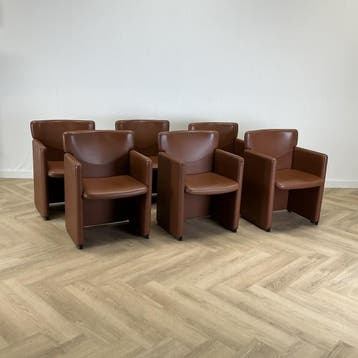 Complete set 6 stuks Design PS148-fauteuil, Centro Progetti, Huis en Inrichting, Stoelen, Gebruikt, Bruin, Leer, Ophalen of Verzenden