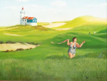 Theo Kuijpers, Vrouw in badpak in de duinen met vuurtoren, Antiek en Kunst