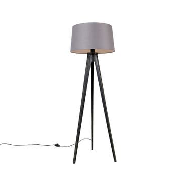 Tripod zwart met linnen kap Donkergrijs 45 cm - Tripod, Huis en Inrichting, Lampen | Vloerlampen, Verzenden, Nieuw, Hout, Classic-antique