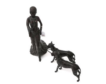 Art Deco-stijl bronzen beeld van dame die 2 honden uitlaat
