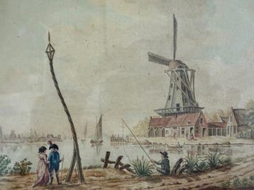 J van der Weele (XIX) - Hollands watergezicht met molen en