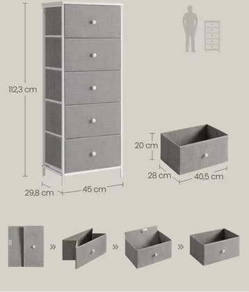 Smal Dressoir met 5Stoffen Lades–Metalen Frame en Houten Top, Verzenden, Nieuw in verpakking