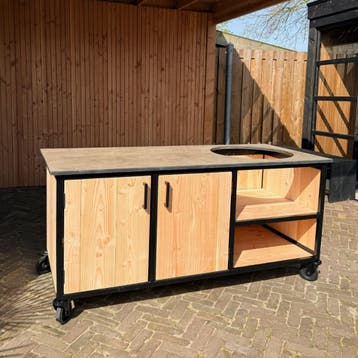 Buitenkeuken Douglas en staal met opbergkast en Taupe HPL, Nieuw
