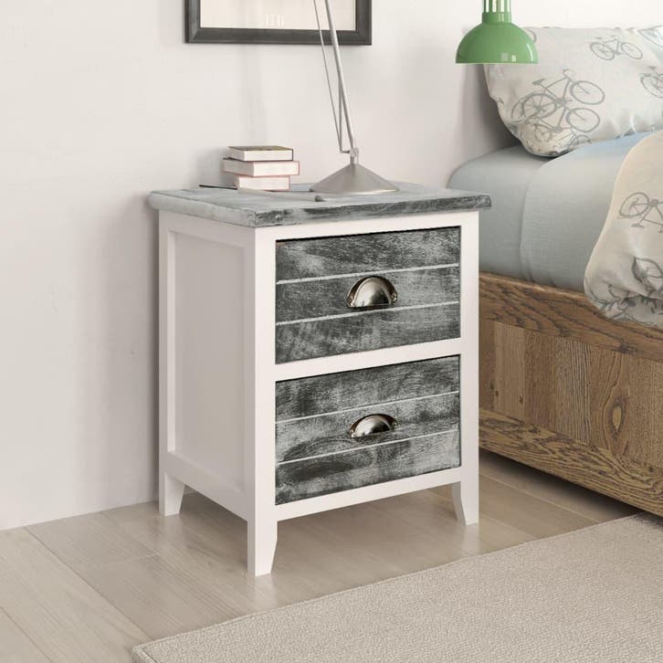 vidaXL Nachtkastje 38x28x45 cm paulowniahout grijs en wit, Huis en Inrichting, Slaapkamer | Nachtkastjes, Nieuw, Minder dan 45 cm
