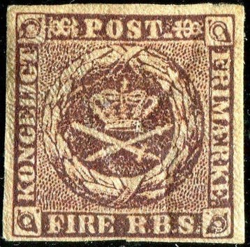 Denemarken 1851 - Eerste uitgave, FIRE RPSB, bruin - Facit 2, Postzegels en Munten, Postzegels | Europa | Scandinavië, Gestempeld