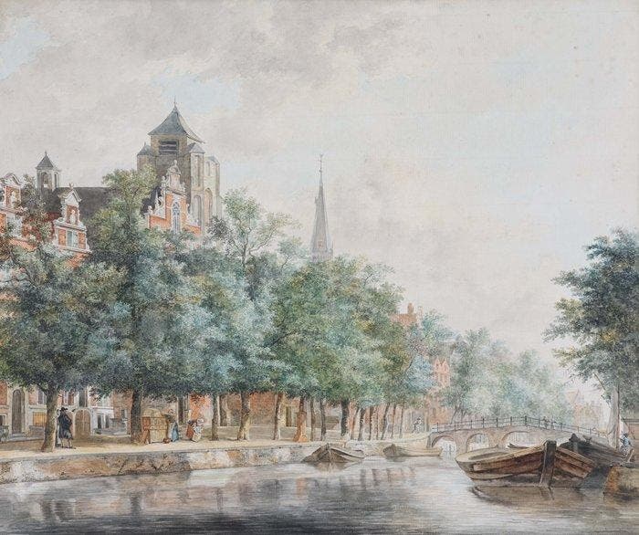 Jan van der Heyden (1637-1712), Naar - Stadsgracht met kerk, Antiek en Kunst, Kunst | Schilderijen | Klassiek