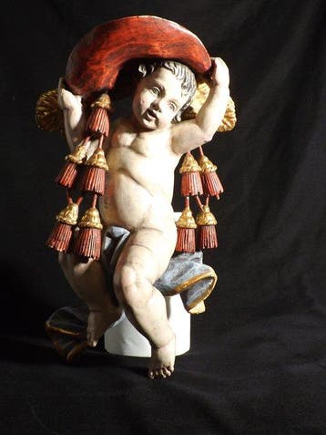 Figuur - Baroque Wooden Sculpture / Relief – Putto with, Antiek en Kunst
