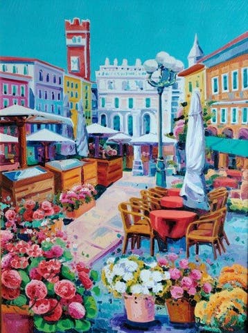 Athos Faccincani (1951) - Seduti al nostro caffè in Piazza, Antiek en Kunst