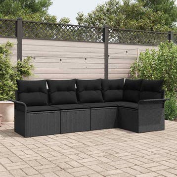vidaXL Tuin Sofa Set 5 st Zwart poly rattan, Verzenden, Nieuw, Rotan, 5 zitplaatsen