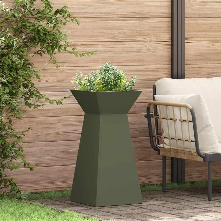 vidaXL Pilaar Plantenbak Olijfgroen 35 x 35 x 73 cm, Tuin en Terras, Bloembakken en Plantenbakken, Minder dan 60 cm, Nieuw, Metaal