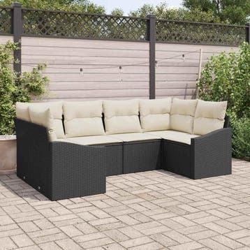 vidaXL Bankstel met kussen 6 pcs Zwart poly rattan, Verzenden, Nieuw, Rotan, 6 zitplaatsen