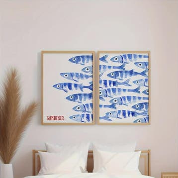 Retro Blauwe Sardine Canvas Poster - Mediterrane Stijl Wandd, Verzenden, Nieuw