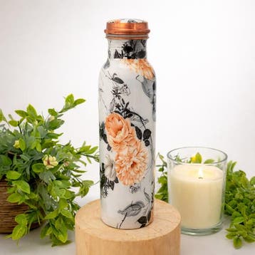 Puur koperen waterfles bloemenprint wit ± 950 ml (zware, Ophalen of Verzenden, Nieuw
