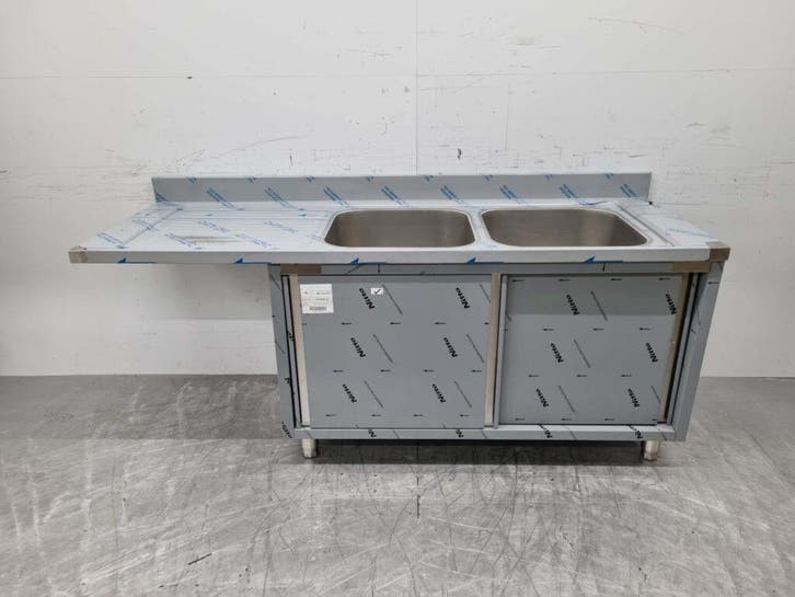 RVS Spoeltafel dubbele spoelbakken 2 schuifdeuren, Zakelijke goederen, Horeca | Keukenapparatuur, Nieuw in verpakking, Ophalen of Verzenden