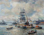 Evert Moll (1878–1955) - Havengezicht met Driemaster (No, Antiek en Kunst
