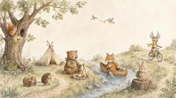 Bosdieren behang kinderkamer – kamperen in het bos, Verzenden, Fotobehang