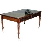 Engelse mahonie schrijftafel met groen  leer en twee laden c, Antiek en Kunst, Ophalen of Verzenden